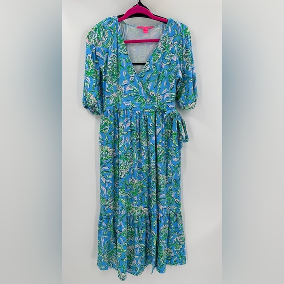 Lilly Pulitzer Brantley Midi Wrap Dress Cumulus Blue Chick Magnet Small - Picture 2 of 5